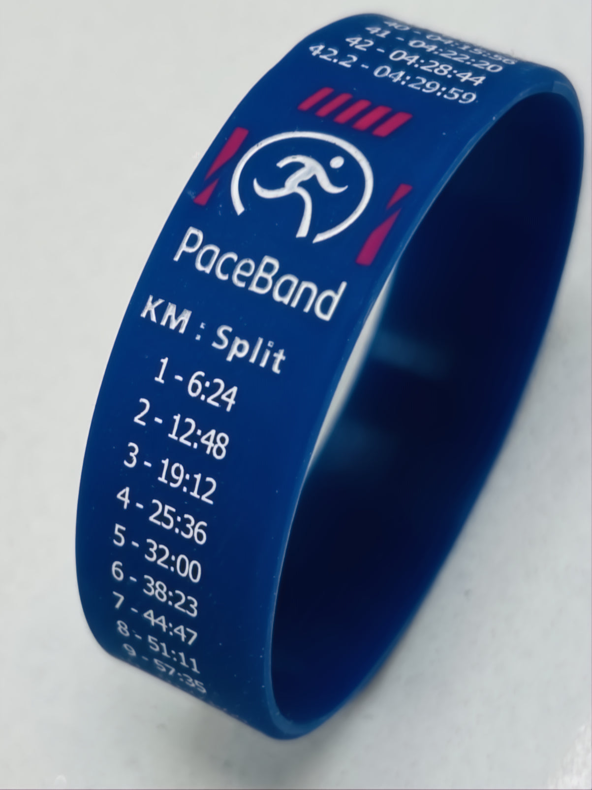 Silicone pace band showing marathon split times for runners