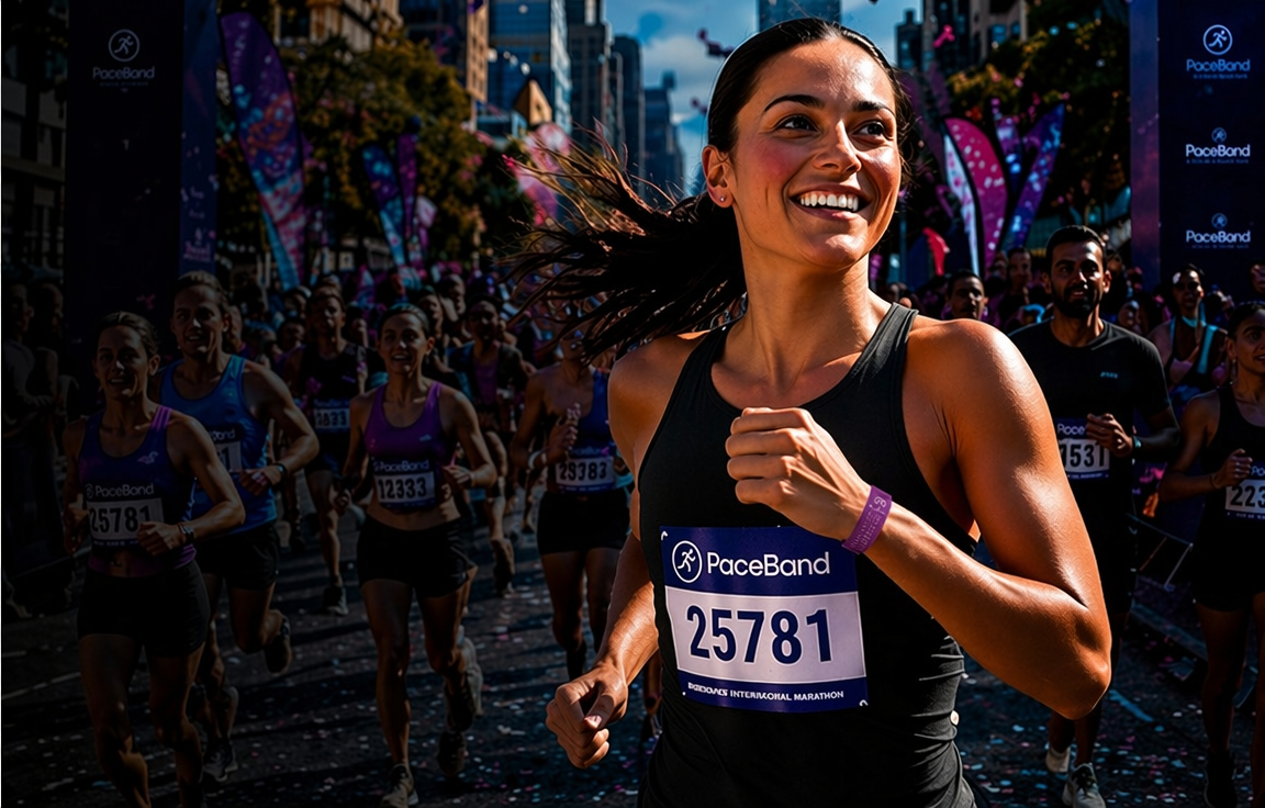 Runner wearing a silicone pace band during a race